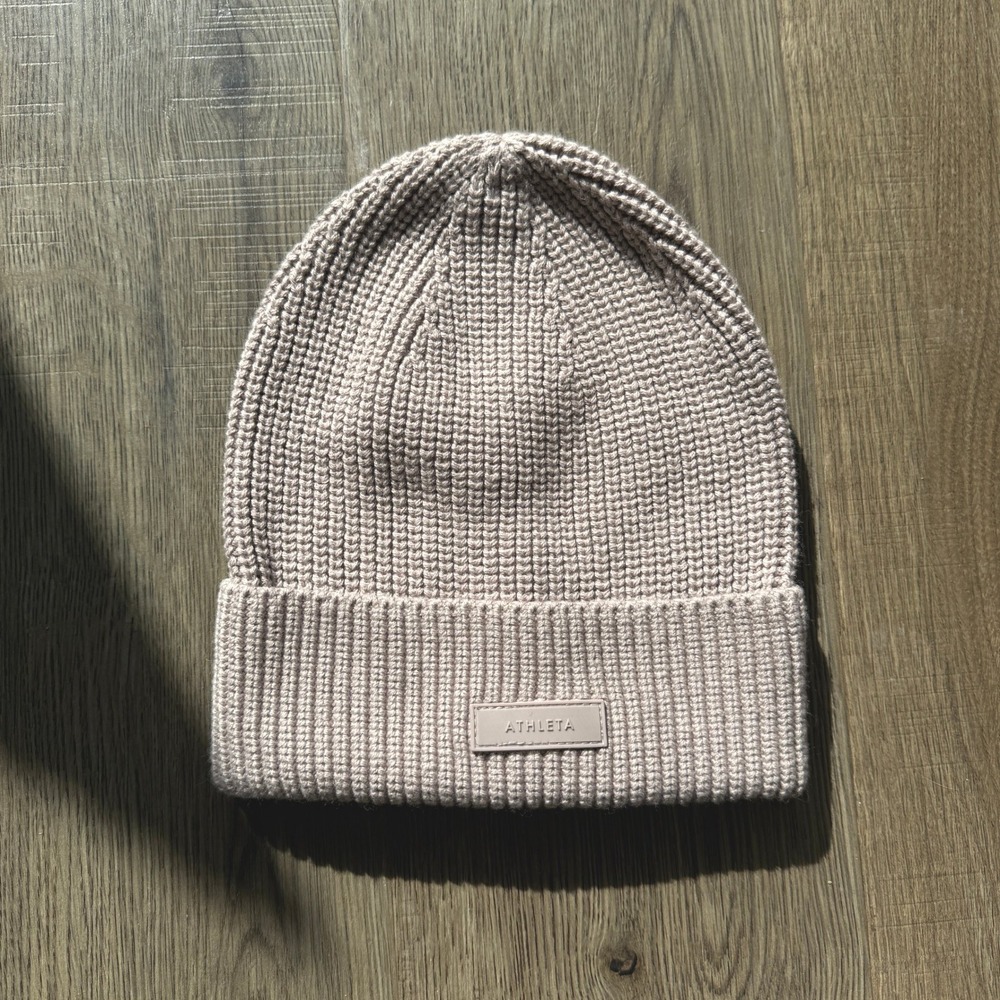 Athleta Womens Mauve Taupe Ribbed Knit Cotton Wool Blend Beanie Hat One Size‎